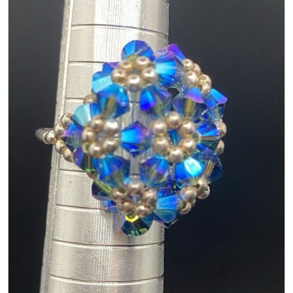 Tested Sterling Silver Ring Blue AB Bicone Crystal Dome Woven Bead Size 6 Floral - Picture 7 of 12